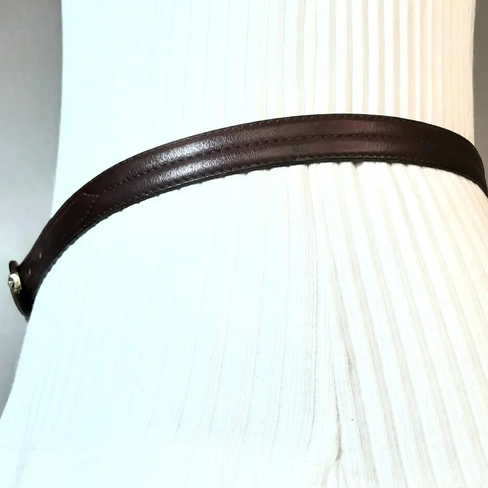 💎Unisex Dark Brown Leather Belt M  Polished Silver Tone Buckle Stitched Detail